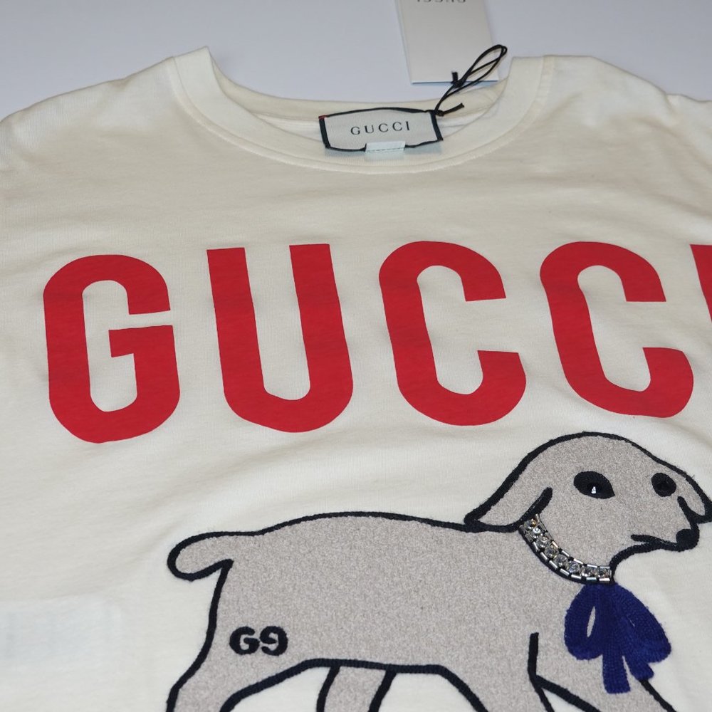 💛SOLD🖤 Gucci Lamb Print Embroidered T-shirt in Off-White - Picture 4 of 6